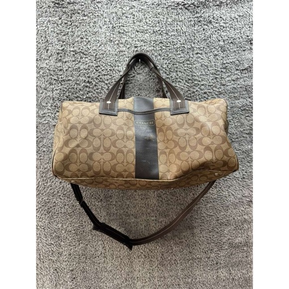 Coach Signature Coated Canvas Heritage Stripe Boston Duffle Bag Beige & Brown - Picture 1 of 16
